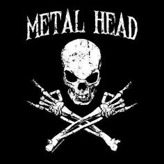 a skull and two crossed swords with the words metal head written in white on a black background