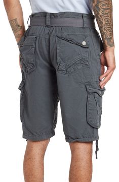 Ideal for everyday wear, these belted cotton cargo shorts deliver casual style with functional utility. 11" rise, 11" inseam (size 32) Belted waist Zip fly with button closure Front slant pockets Back button flap pockets Leg cargo pockets Woven construction Drawstring tie hems 100% cotton Machine wash cold, tumble dry low Imported Model stats: 6'1" height, 32" waist. Model is wearing size 32. Short Cotton Cargo Pants With Belt Loops, Bermuda Cotton Cargo Shorts With Belt Loops, Cargo Shorts, Casual Style, Nordstrom Rack, Mens Short, Everyday Wear, Nordstrom, How To Wear