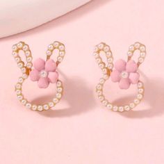 Easter Bunny Pearl Earrings With A Pink Flower. Very Dainty Cute Flower Jewelry For Party, Cute Flower-shaped Party Jewelry, Pink Flower Shaped Earrings For Spring, Pink Round Jewelry For Spring, Cute Flower Earrings For Party, Cute Flower Shaped Party Earrings, Cute Party Earrings With Flower Shape, Cute Spring Party Earrings, Spring Party Cute Earrings