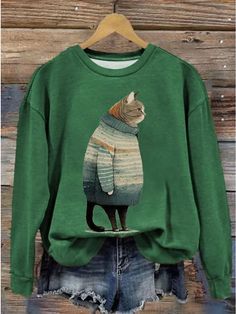 Women's Sweatshirt Pullover Cat Active Sportswear Print Green Casual Sports Round Neck Long Sleeve Top Micro-elastic Fall & Winter 2023 - $22.99 Winter Cat, Printed Sweater, Cat Print, Pullover Sweatshirts, Winter Women, Hooded Sweatshirt, Sweat Shirt, Hooded Sweatshirts, Fashion Clothes Women