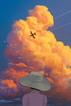 a painting of a person with a hat looking at an airplane flying in the sky