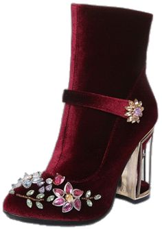 Novelty Handmade Velvet Ankle Booties with Rhinestone Floral Decoration Newgew Winter Formal Embellished Boots, Fall Rhinestone Boots, Fall Rhinestone Ankle Boots, Fall Rhinestone Round Toe Boots, Formal Embellished Heeled Boots With Round Toe, Fall Rhinestone Boots With Round Toe, Fall Boots With Rhinestones And Round Toe, Fall Ankle Boots With Rhinestones, Chic Rhinestone Ankle Boots