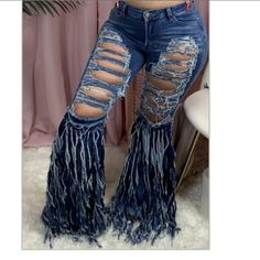 Dark And Light Blue Denim Shingle Jeans Flare Ripped Jeans, Denim Style Casual, Diy Clothes Hacks, Womens Ripped Jeans, Flare Denim Jeans, Tassels Fashion, Denim Patterns, Jeans Fabric, Bell Bottom Pants