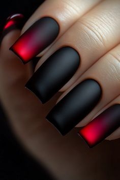 Color: The nails have a gradient effect, transitioning from a deep, bold red at the tips to a matte black towards the base. Shape: The nails are long and square. Design Style: The design is minimalist and modern, focusing on a striking color contrast and a matte finish. The gradient effect adds a subtle touch of drama and sophistication. Red And Black Goth Nails, Matte Black And Red Nails, Red Matte Nails Design, Dark Nails Inspiration, Red Black Nails, Red Matte Nails, Matt Nails, Mail Designs, Shape Nails