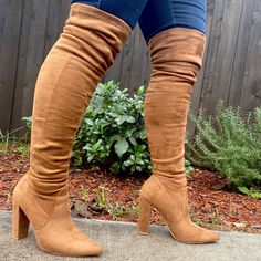 Camel Color Faux Suede Over The Knee Pointy Boots With Block Heel Casual Camel Boots For Fall, Wide Calf Tall Boots, Tan Knee High Boots, Two Tone Boots, Pointy Boots, Black Leather Riding Boots, Black High Boots, Tall Riding Boots, Tan Boots