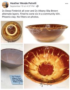 three different types of glass bowls and one is brown with orange swirls on the bottom