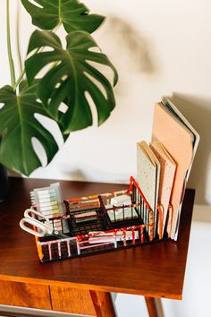 a wooden table topped with lots of books next to a potted plant