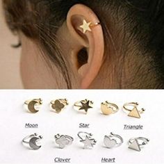 six pairs of ear piercings with stars, moon and heart shapes on each side