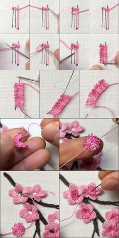 crocheted flowers are being made with yarn