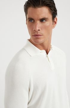 Manufacturing of the pure cotton yarn enhances the qualities of the natural fibers and makes the garment lightweight and comfortable to wear. Shirt-style collar with button opening Raglan sleeve English rib English Rib Knit, Silhouette Sport, Blazer And T Shirt, Man Blazer, Knit Polo, The Pure, Mens Eyewear, Polo Sweater, Collar Sweater