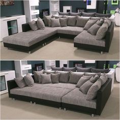 two pictures of a sectional couch with pillows on the bottom and side, in different angles