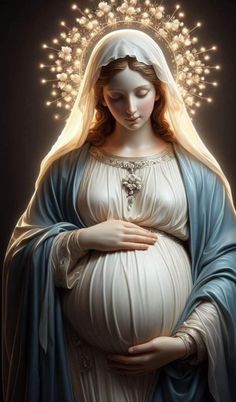 a painting of the virgin mary holding her baby bump in her arms and wearing a tiara