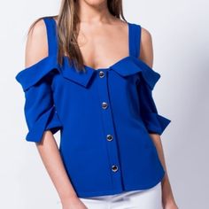 Cold Shoulder Top Button Detail 3/4 Sleeve Length Fabric Content 100% Polyester Blue Half Sleeve Tops For Work, Blue Half Sleeve Top With Buttons, Summer Tops With 3/4 Sleeve And Button Closure, Blue Half Sleeve Blouse With Buttons, Blue Trendy Top With 3/4 Sleeves, Blue 3/4 Sleeve Blouse With Button Closure, Chic Blue Tops With Buttons, Chic Blue Top With Buttons, Blue Half Sleeve Blouse With Button Closure