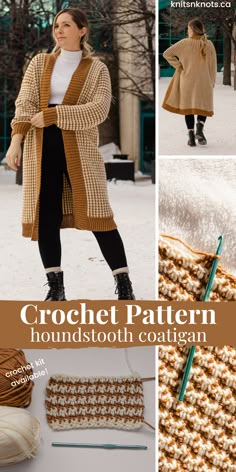 the crochet pattern is knitted in brown and white, with text overlay