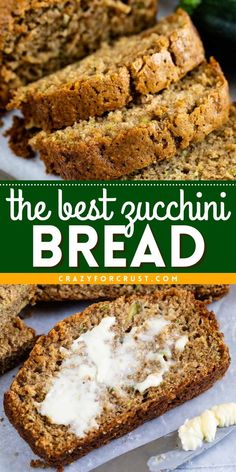 the best zucchini bread with cream cheese on top and zucchini in the background