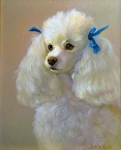 a painting of a white poodle with blue bows on its head and chest, looking to the side