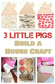 the instructions to make little pigs build a house craft with straws and paper plates