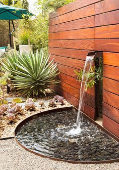 a water fountain in the middle of a garden with succulents around it