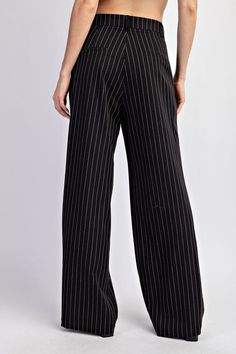 Pinstriped straight leg pants. Features: Button & zipper closure Belt loops Two side hip pockets Two back pockets Added pleats for detail Fabric: 80% Polyester 16% Viscose 4% Spandex PK11157 Strictly Business, Curvy Jeans, Curvy Dress, Leg Design, Straight Leg Trousers, Cardigan Jacket, Pants Black, Vest Dress, Jeans Dress