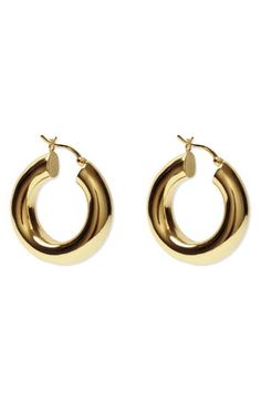 Bold and modern yet ideal for everyday wear, these chunky hoop earrings are made from sterling silver plated in warm 18-karat gold. Snap-post closure Sterling silver/18k-gold plate Imported Modern Polished Hoop Earrings For Everyday, Modern Chunky Hoop Earrings, Chic Polished Finish Round Hoop Earrings, Chic Polished Round Hoop Earrings, Elegant Chunky Earrings For Gift, Elegant Chunky Earrings For Everyday, Elegant Chunky Round Hoop Earrings, Elegant Chunky Hoop Earrings As Gift, Elegant Chunky Hoop Earrings For Gift