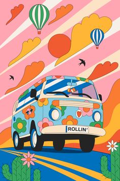 A vibrant minivan with a 'Rollin'' license plate cruising down a desert road, representing Gabor's creative journey in graphic design. Desert Road, Road Adventure, Font Inspiration, Travel Illustration, Minivan, Summer Design, 가을 패션