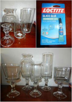 several different glasses and vases sitting on a table