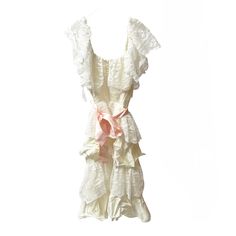 This is the perfect vintage children's dress for special occasions or photo shoots. Crafted from layers of delicate white lace, and white polyester fabric, this dress exudes timeless charm and elegance. The off-the-shoulder design adds a touch of whimsy, while the pink satin belt provides a pop of color and a perfect fit. The skirt is beautifully layered, creating a full and graceful silhouette. A convenient zipper closure at the back ensures easy dressing. It has it's original tag inside which reads  "size 3/4, $79" and the label in the neckline reads, "100% acetate lace, 100% polyester, made in USA"  ...so cute!! Condition: Great vintage condition, never worn and still has tag.  There are discoloration spots on a few places on the lace which we have not tried to remove or wash. Otherwise Off White Lace Dress With Ruffles, Cream Ruffled Lace Dress For Baptism, Spring Fitted Lace Dress For First Communion, Cream Lace Dress With Ruffles, Cream Lace Ruffle Dress For Baptism, Fitted Lace Dress For First Communion In Spring, Fitted Lace Dress For First Communion Summer, Spring First Communion Fitted Lace Dress, White Fitted Ruffled Vintage Dress