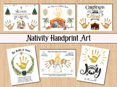 the nativity handprint art is displayed on a wooden surface with other christmas cards