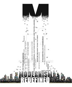 the word m is written in black and white with an image of a city behind it