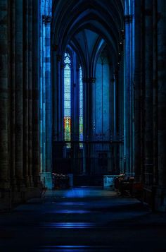 the inside of an old cathedral lit up with blue lights and stained glass windows at night