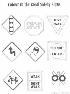 various signs and symbols are shown in this black and white image with the words color in the road safety signs