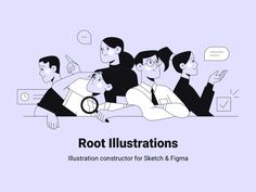 a group of people sitting next to each other in front of a blue background with the words root illustrations