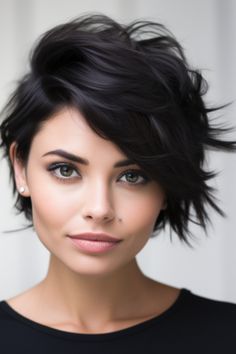 Choose a jet-black pixie with a side-swept fringe for a blend of drama and elegance. The deep black hue adds mystery, while the side-swept fringe gives you a softer touch. Click here to check out more trending shaggy pixie cut ideas for 2023. Side Parted Pixie Bob, Women’s Short Hair Long On Top, Pixie Haircut Front And Back Views Short Hairstyles For Women, Short Hair Styles Black Hair, Chic Short Hair With Bangs, Short Haircuts For Fine Thinning Hair, Shaggy Crop Hair, Shaggy Short Hair Side Part, Semi Short Hairstyle Women