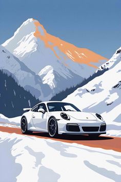 a white car driving down a snow covered road next to a snowy mountain range in the background