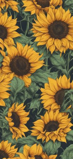 sunflowers with green leaves and yellow petals are shown in this seaming pattern