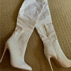 Dolls Kill White Glitter Knee High Boots. Never Been Worn. Us 8. Glitter Knee High Boots, Dolls Kill Shoes, White Glitter, Shoes White, Dolls Kill, White Silver, Knee High Boots, High Boots, Knee High