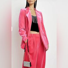 Nwt Fuchsia Velvet Trouser Suit From River Island. It Features A Hot Electric Pink Blazer And Wide-Leg Trousers. Jacket Is Size 4 And Pants Size 6. Color So Much More Vivid Than In Photos. Absolutely Stunning. Please Defer To Photos For Sizing, Fit And Care. Pink Tailored Party Outerwear, Tailored Pink Pantsuit For Fall, Fall Pink Suit With Pockets, Pink Fall Suit With Pockets, Tailored Pink Pants For Fall, Fall Pink Pantsuit For Work, Pink Long Sleeve Pantsuit For Evening, Pink Party Outerwear With Pockets, Pink Pantsuit For Fall Party