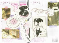 an open book with drawings and pictures on the pages, including a woman's headphones