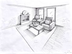 a drawing of a living room with two couches and a clock on the wall