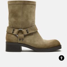 Biker Style Ankle Boots In Suede. Straps With Metal Detail. Squared Toe. Sole Height: 1.6 Inches (4 Cm) Taupe Gray | 3105/310 Suede Biker, Metal Detail, Biker Boots, Biker Style, Moto Boots, 6 Inches, Ankle Boots, Size 10, Zara