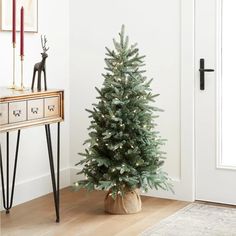 a small christmas tree sitting in front of a door