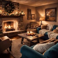 a living room filled with furniture and a fire place