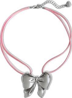 Adjustable Pink Ribbon Necklace, Silver Jewelry With Satin Bow As Gift, Silver Jewelry With Satin Bow For Gifts, Adjustable Ribbon Jewelry For Valentine's Day, Silver Adjustable Necklace With Ribbon, Adjustable Silver Necklace With Ribbon, Pink Jewelry With Adjustable Cord For Gift, Adjustable Ribbon Necklace For Gift, Adjustable Ribbon Necklace For Gifts