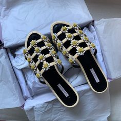 Size 39.5 Leather: Woven Raffia Leather Floral Accents Lightly Cushioned Footbed Open Toe Leather Sole Made In Italy Designer Yellow Sandals For Beach, Designer Yellow Sandals For The Beach, Luxury Beach Sandals For Spring, Womens Chacos, Glitter Flip Flops, Cork Footbed Sandals, Vionic Sandals, Jack Rogers Sandals, Target Shoes