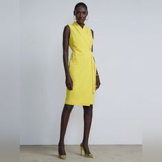 Vibrant And Bold, This Stunning Sheath Dress Is Accented With A Shawl Lapel And Wrap Style. Pair It With Platform Heels And Statement Jewelry To Create That Effortlessly Chic Office Look. Shawl Lapel Sleeveless Knot Detail On The Side Wrap Style Summer Sleeveless Dress For Office, Bodycon Sleeveless Workwear Dress, Summer Sheath Sleeveless Dress For Office, Sheath Sleeveless Dress For Office In Summer, Summer Office Sheath Sleeveless Dress, Summer Office Sleeveless Sheath Dress, Fitted Sleeveless Dress For Summer Workwear, Bodycon Sleeveless Dress For Summer Workwear, Summer Bodycon Sleeveless Dress For Work