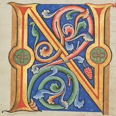 an illuminated initial decorated with flowers and swirls in blue, green, orange and yellow