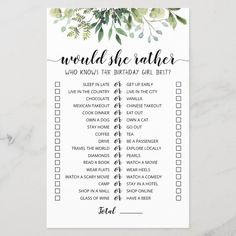 a printable wedding game with greenery on the side and words that read, would she rather know?