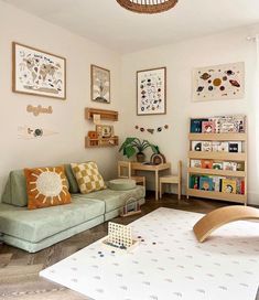 a living room filled with furniture and pictures on the wall