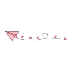 a pink paper airplane with hearts on it is flying through the air and has a string attached to its tail