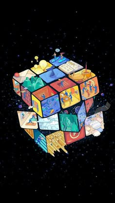 an image of a cube made out of different colored blocks with space and stars in the background